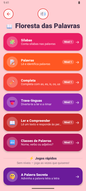 Lista de atividades da Floresta das Palavras: sílabas, palavras, trava-línguas e mais, cada uma com o seu nível.