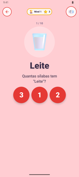 Exercício de sílabas: a palavra «Leite» e três botões para escolher quantas sílabas tem.