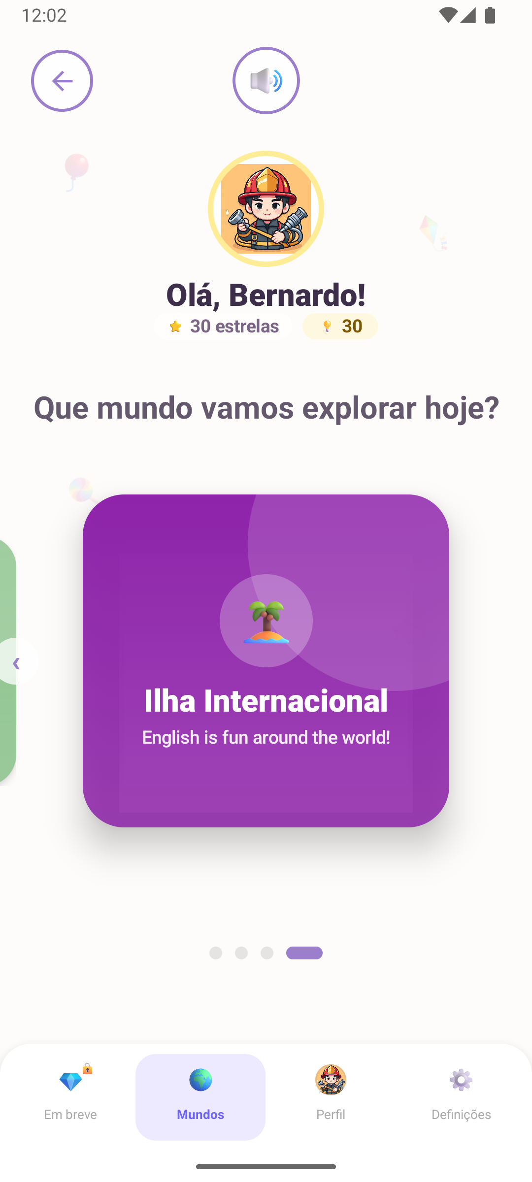 Carrossel de mundos: «Que mundo vamos explorar hoje?», com a Floresta das Palavras em destaque.